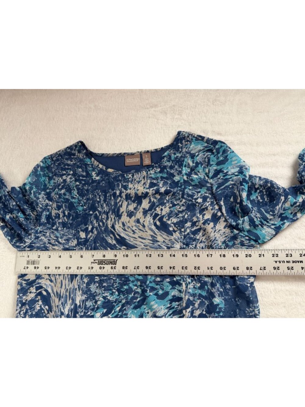 Chico's Blue Abstract Marbled Paint Splatter Print 3/4 Sleeve Tunic Blouse Sz 1 - Picture 7 of 10
